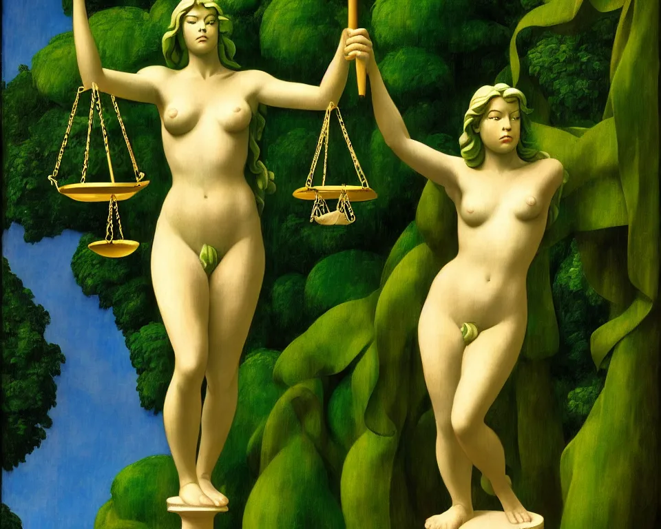 Image similar to lady justice statute in the rainforest by raphael, hopper, and rene magritte. detailed, romantic, enchanting, trending on artstation.