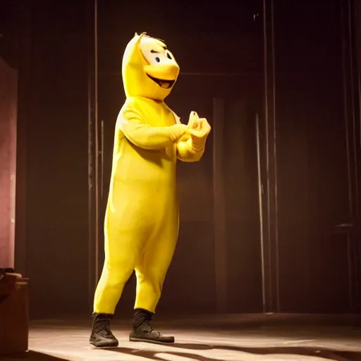 Image similar to daniel radcliffe in a banana costume, posing on a stage, ultra details, photo, 8 k