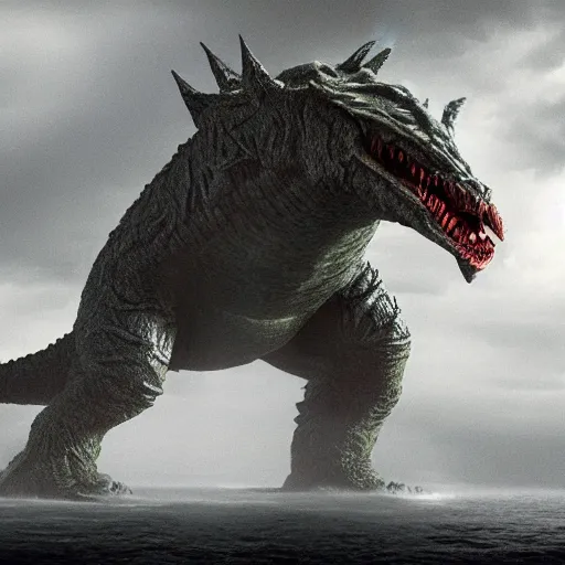 Image similar to low resolution filmstill of a kaiju monster