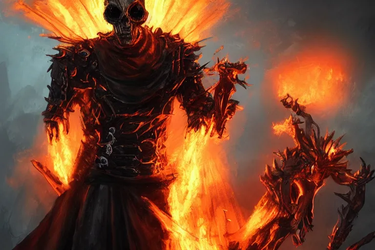 Image similar to Ghost Rider, flaming grim reaper, upper body, dark souls concept art, Feng Zhu concept art, dramatic lighting, highly stylized, trending on artstation, high-quality wallpaper, desktopography