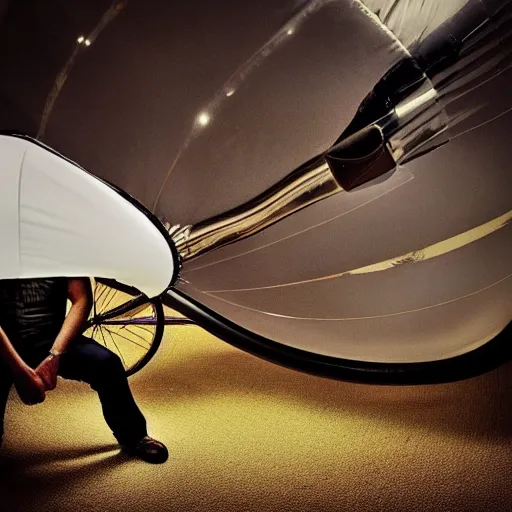 Prompt: “man with bicycle pump inflating a blimp, highly detailed, dramatic lighting”