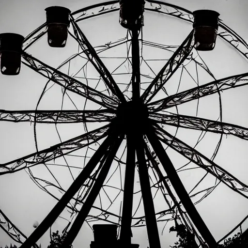 Image similar to an old abandoned rusty ferris wheel, in a town filled with pale yellow mist. Dystopian. Grainy. Award-winning photo. Sigma 40mm f/1.4 DG HSM