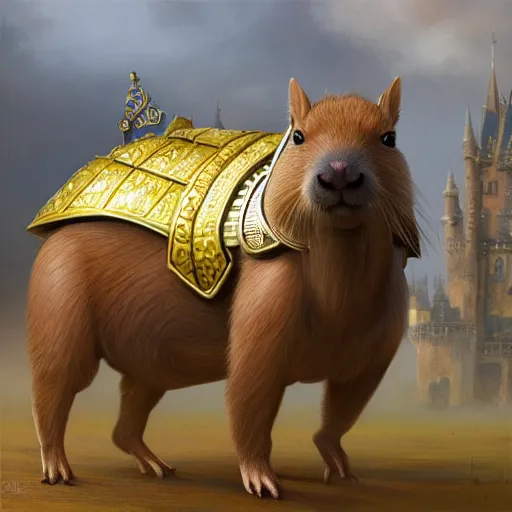 Image similar to detailed photorealistic painting of a capybara, wearing a ultra detailed ornamented gold crown with diamonds, in a highly detailed medieval knight armor with red cape, standing in front of a photorealistic detailed castle, sharp focus in the style of ruan jia, Mandy jurgens, cinematic light, concept art, trending on artstation, ultra realistic, 8k octane render, unreal engine