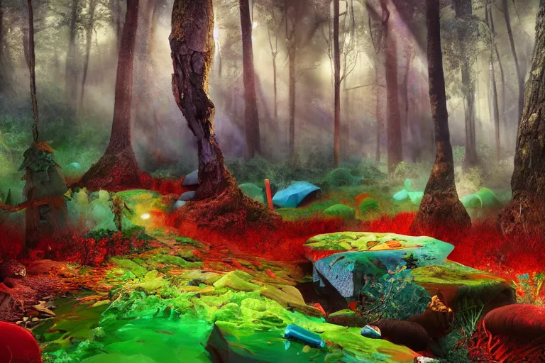 Image similar to deep colorful moody forest made of candy, lollipop trees, cotton candy bushes, big colorful rock candy boulders, gumdrop mushrooms, chocolate creek, gingerbread house. dark mood. mysterious realistic painting. photo collage, highly detailed, cinematic, hyperrealistic, artstation, dramatic lighting, god rays, clean crisp graphics, smooth sharp focus, extremely detailed