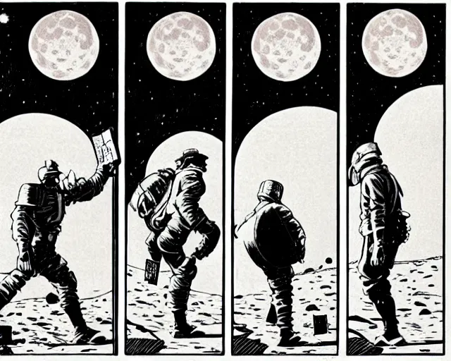 Image similar to three panels from a 1 9 3 0's comic book showing a cellphone, in front of a big moon, illustration, wide shot, muted colors, post grunge, concept art by josan gonzales and wlop, david rubin, mike mignola, laurie greasley, highly detailed, sharp focus, trending on artstation, hq, deviantart, art by artgem