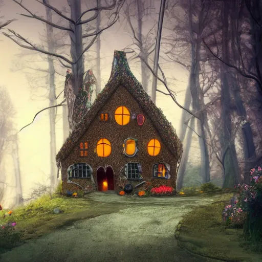 Prompt: witches house in hansel and gretel, gingerbread house, lollipops, candy on the house, twisted tall trees, chimney on a two story house, front porch with overhand, middle of the forest winding road leading to the house, moody, misty, cool tones, pastel colors, ultra realistic details, art style trending on artstation, concept art