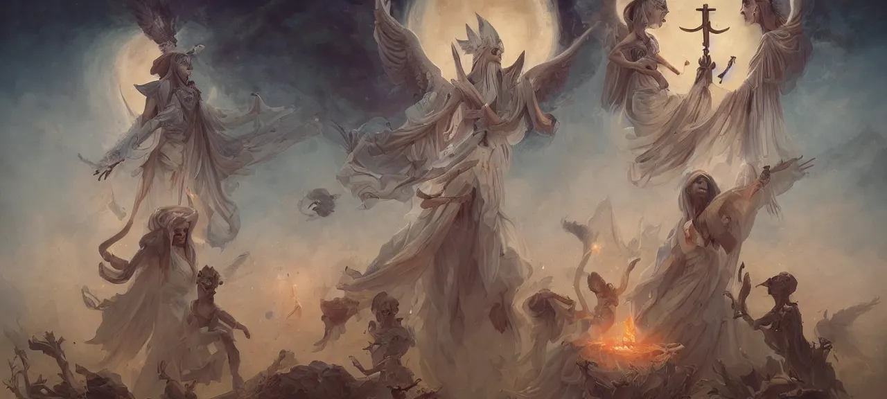 Prompt: angelical time keepers in sacred clothes performing a ritual of planetary sacrifice, tarot, detailed, realistic, digital art, trending on artstation by peter mohrbacher and greg rutkowski