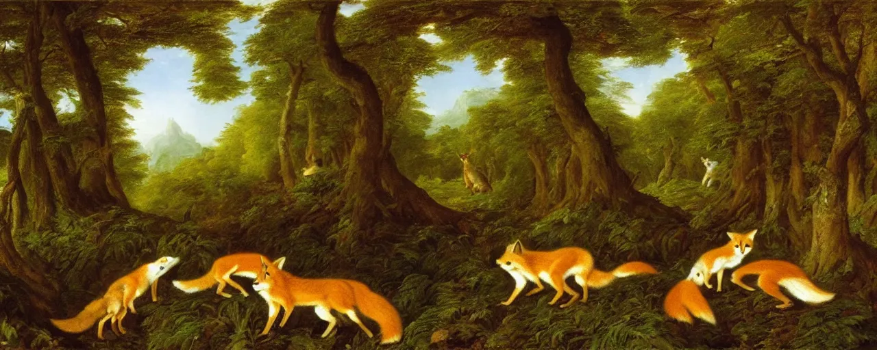 Image similar to foxes in the forest, by thomas cole