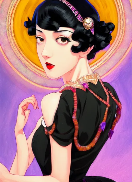 Prompt: a beautiful dancer with black hair in 1920's fashion, ballroom background, intricate, highly detailed, digital painting, artstation, official media, anime key visual, concept art, rich vivid colors, ambient lighting, sharp focus, illustration, art by Artgerm, Makoto Shinkai, Ilya Kuvshinov, Lois Van Baarle, and Rossdraws