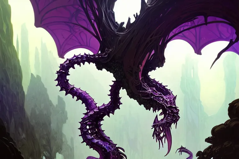 Image similar to concept art, view from afar of a crystal hydra, d & d creature, by greg rutkowski and alphonse mucha, gradient black to purple, monoliths in a dark forest background, highly detailed, digital painting, artstation, concept art, smooth, sharp focus illustration, artstation hq