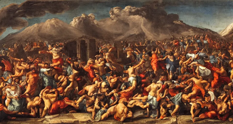 Image similar to mosh pit at music festival in pompeii while mount vesuvius is erupting, fresco, michaelangelo