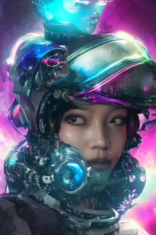 Prompt: a fancy portrait of a beautiful cyborg floating in space with a colourful colour scheme by dustin nguyen, sung choi, mitchell mohrhauser, maciej kuciara, johnson ting, maxim verehin, peter konig, bloodborne, 8 k photorealistic, cinematic lighting, hd, high details, dramatic, dark atmosphere, trending on artstation