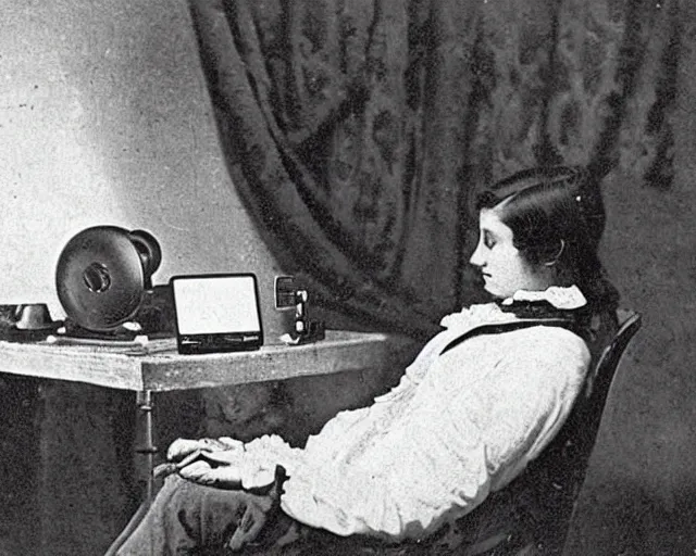 Prompt: an early 1800s photo of someone watching tiktok on their iphone wearing airpods