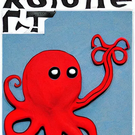 Image similar to a red octopus floats through a portal, holding a newspaper, clay style