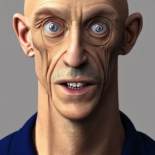 Image similar to A middle-aged Dr. Venture in real life with a hooked nose, a long gaunt face and skinny body and neck, very thin and bald, realistic, very realistic, hyperrealistic, highly detailed, very detailed, extremely detailed, detailed, digital art, oil painting, trending on artstation, headshot and bodyshot, detailed face, very detailed face, extremely detailed face, HD Quality, 8k resolution, very very detailed face, real life