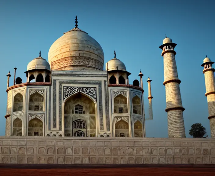 Image similar to 4 k hd, high detail photograph of taj mahal, shot with sigma f / 4. 2, 2 5 0 mm sharp lens, wide shot, volumetric lighting, high level texture render