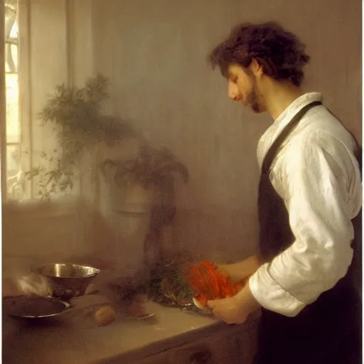 Prompt: guy feirri in a kitchen, painting by Pierre Auguste Cot, dramatic lighting