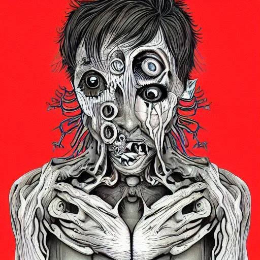 Image similar to creepy body horror human in the style of trevor henderson and tyedied