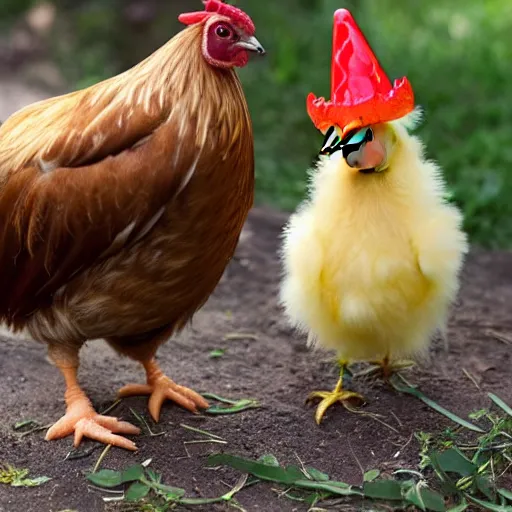 Image similar to a light downed baby chick is standing beside a rooster and a tiny birthday cake
