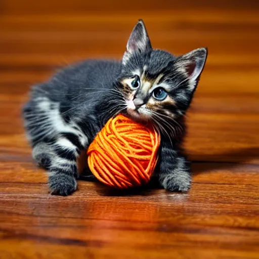 Image similar to small tortoiseshell colored kitten playing with a ball of yarn, sun rays, hardwood floor