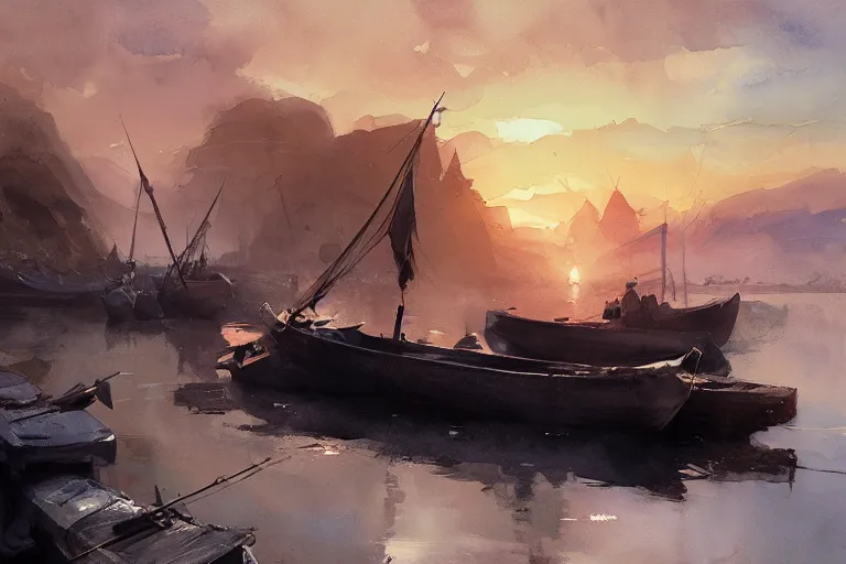 Image similar to paint brush strokes, abstract watercolor painting of rustic fishing village at foggy dawn, viking age, ambient lighting, art by hans dahl, by jesper ejsing, art by anders zorn, wonderful masterpiece by greg rutkowski, cinematic light, american romanticism by greg manchess, creation by tyler edlin