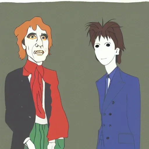Prompt: ray davies and david bowie, illustration by studio ghibli