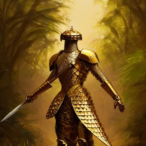 Image similar to photo of a humanoid pangolin dressed in armor with a golden helmet on the head, hold sword in the forest, highly detailed, digital painting, artstation, smooth, sharp focus, illustration, art by artgerm and greg rutkowski and alphonse mucha