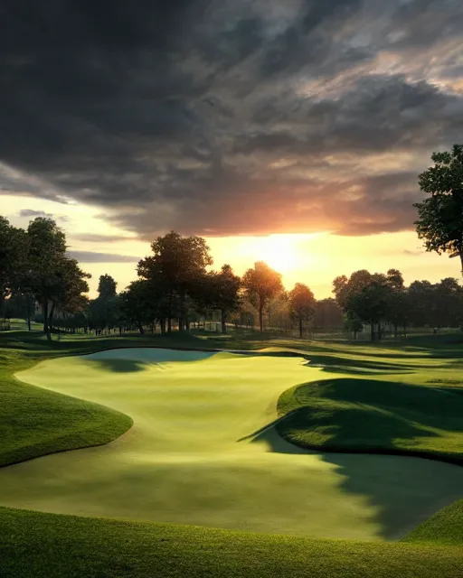 Prompt: golf course, hyper realism, cinematic, epic composition, high detail, octane render, unreal engine, 8 k, extremely detailed, apocalyptic, very sharp, beautiful, sunrise, clear sky