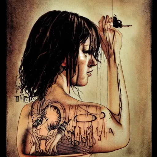 Prompt: woman looks at her tattoo, which is dripping, by tim bradstreet