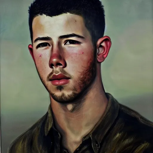 Image similar to high quality, high detail, realistic portrait of nick jonas, painted by andrew wyeth, dramatic lighting, cinematic composition