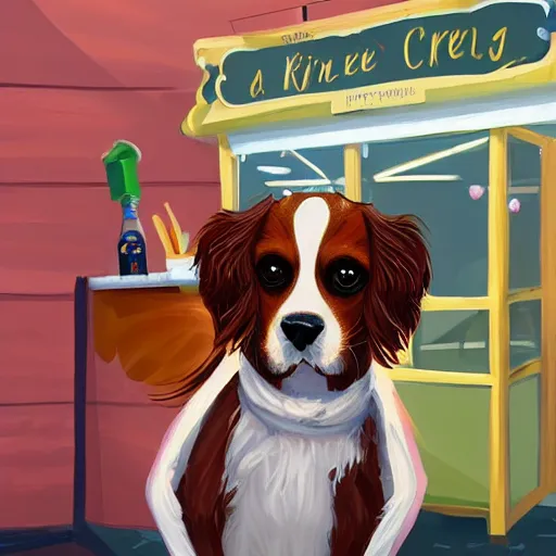 Image similar to a king charles spaniel is running an ice cream shop, digital painting, artstation