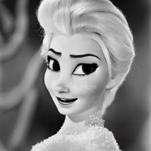 Prompt: a 1960 photo of elsa frozen