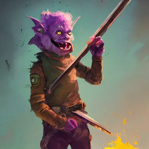 Image similar to male goblin youth adventurer with purple skin, by Ismail Inceoglu, wearing leather adventuring clothes, shabby, short, kid, bald, wielding knife, happy grin, character portrait closeup, digital art, dungeons and dragon, character