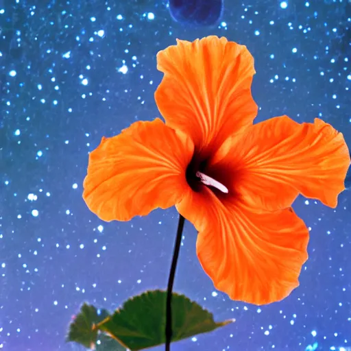 Image similar to a hibiscus flower with detailed orange pedals, floats in space, hubble photo, 2 8 mm lens, olympus xa camera, 3 5 mm film, beautiful, galaxies