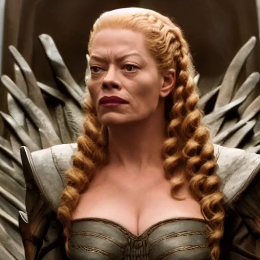 Prompt: seven of nine from star trek voyager with brown hair sitting on the iron throne in kings landing from game of thrones