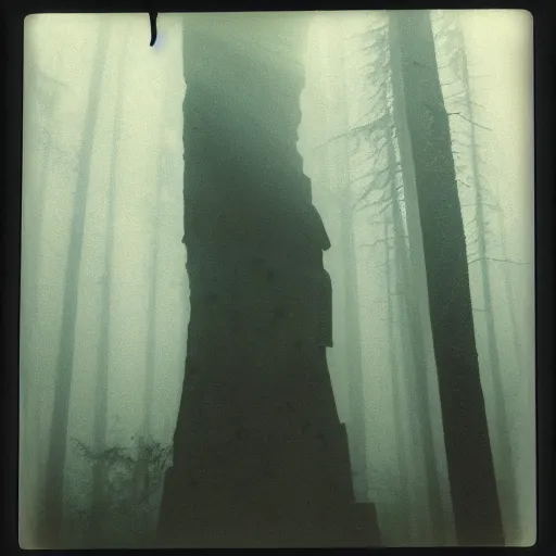 Image similar to a towering statue in a forest clearing reaching into the fog, night, old polaroid, expired film, megalophobia,