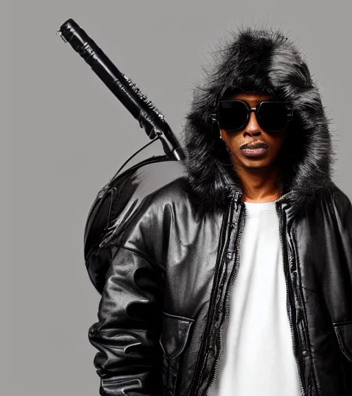 Prompt: detailed attractive characther portrait of predator wearing oversized leather puffy black bomber jacket and waring sunglasses, realistic, wide angle, dramatic light 8 k