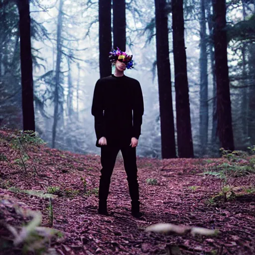 Image similar to kodak portra 4 0 0 photograph of a skinny goth guy standing in a dark forest, back view, flower crown, moody lighting, telephoto, 9 0 s vibe, blurry background, vaporwave colors, faded!,