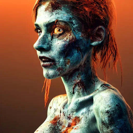 Image similar to full body pose, hyperrealistic mixed media painting of beautiful zombie woman, dim volumetric lighting, 8 k, octane beautifully detailed render, extremely hyper detailed, intricate, epic composition, cinematic lighting, masterpiece, trending on artstation, very very detailed, masterpiece, stunning, hdr, smooth, sharp focus, high resolution, award, winning photo, dslr, 5 0 mm