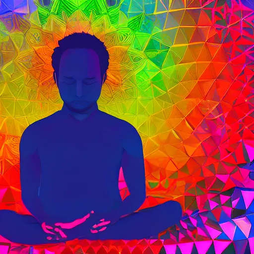 Prompt: A beautiful digital art of a man with a large head, sitting in what appears to be a meditative pose. His eyes are closed and he has a serene look on his face. His body is made up of colorful geometric shapes and patterns that twist and turn in different directions. It's almost as if he's sitting in the middle of a kaleidoscope! cool green by Frida Kahlo, by Chris Cunningham, by Octavio Ocampo