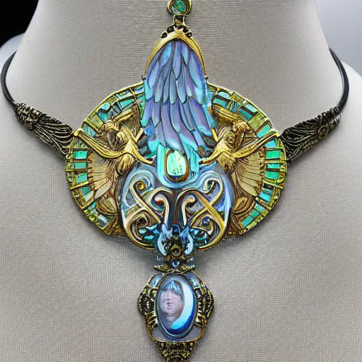 Image similar to hyperrealistic detailed necklace made like seraphim angel with cinematic sharp focus 8 k in style of alfons mucha as a necklace