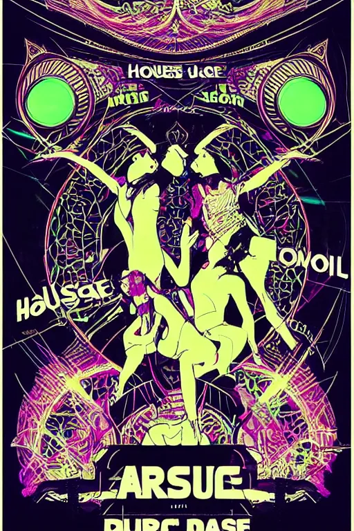 Image similar to “House music rave with dancers, spotlights, very large loudspeakers. Art Nouveau poster”