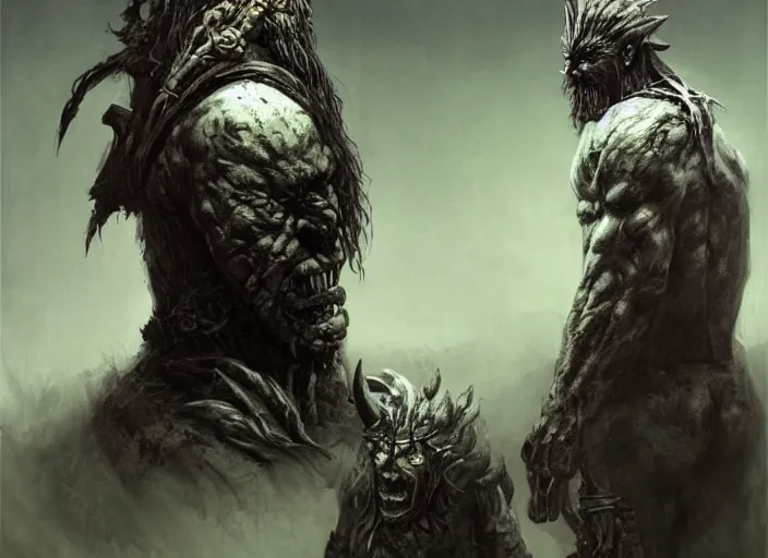 Image similar to feral chieftain concept, beksinski, ruan jia, the hobbit orc concept, dark soul concept