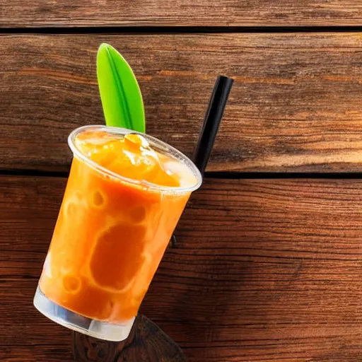 Prompt: thai tea boba on a rustic table with white background hd photograph