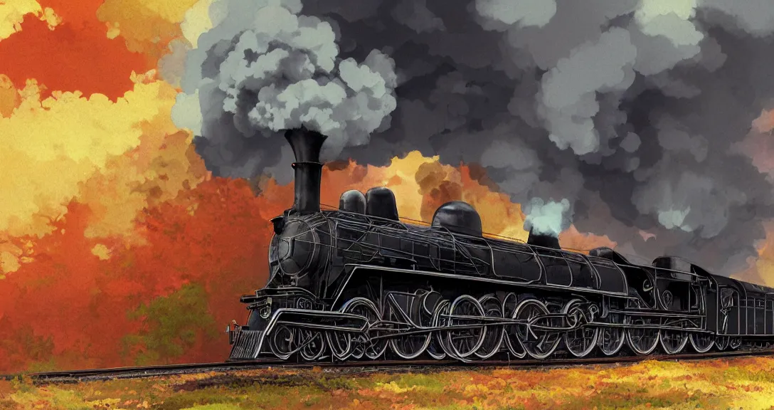 Image similar to cross - section close - up view of a steam train, autumn light, smoke, beautiful, by studio ghibli, digital art, concept art, sharp focus, illustration