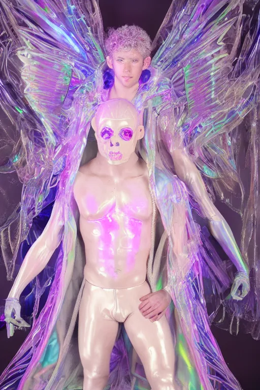 Image similar to full-body rococo and cyberpunk delicate neon crystalline sculpture of ((muscular slender albino prince Nick Jonas)) (((con la piroca dura))) as an iridescent humanoid deity wearing a thin see-through ((plastic hooded cloak)) sim roupa (holding a human skull), reclining con (((las piernas abiertas))), glowing pink face, crown of (white lasers), large diamonds, swirling black silk fabric. futuristic elements. oozing glowing liquid, full-length view. space robots. intricate artwork by caravaggio. Trending on artstation, octane render, cinematic lighting from the right, hyper realism, octane render, 8k, depth of field, 3D