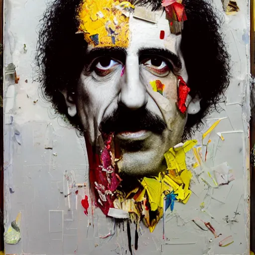 Image similar to hyperrealistic, photorealistic, mixed media oil painting of frank zappa, magazine scraps, plaster, blood, oil, mustard, cigarettes, splatter, trending on artstation, award - winning painting, greg rutkowski, basquiat, david lynch, ralph steadman, terry gilliam