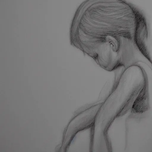 Image similar to backside photograph of a girl holding the bathroom sink with both hands in a dark room and crying, textured pencil sketch