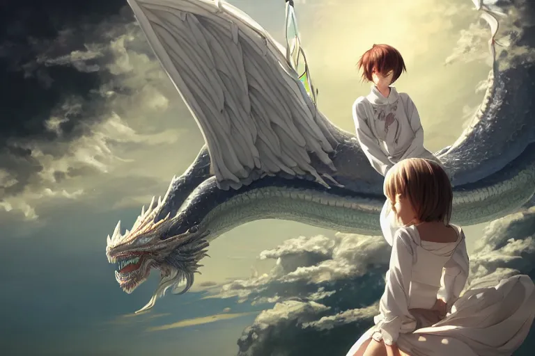 Image similar to a hyper detailed big render that a beautiful girl sitting on the back of a huge silver white dragon alone in fairyland surrounded by white clouds, finely detailed angelic face, style of studio ghibli, makoto shinkai, xision, ilya kuvshinov and artgerm, kazuki tanahashi, james jean, animation style, golden curve composition