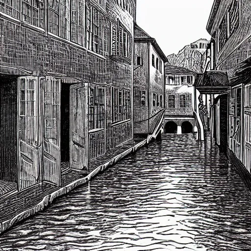 Image similar to water flowing through the streets in old city, sideview, drawing by moebius